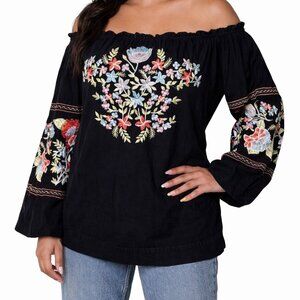 Free People Off Shoulder Embroidered Boho black Blouse Black Floral Oversized